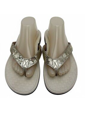 Vionic Womens Sequined Gold Orthotic Beige Flip Flop Sandals - Size 9
